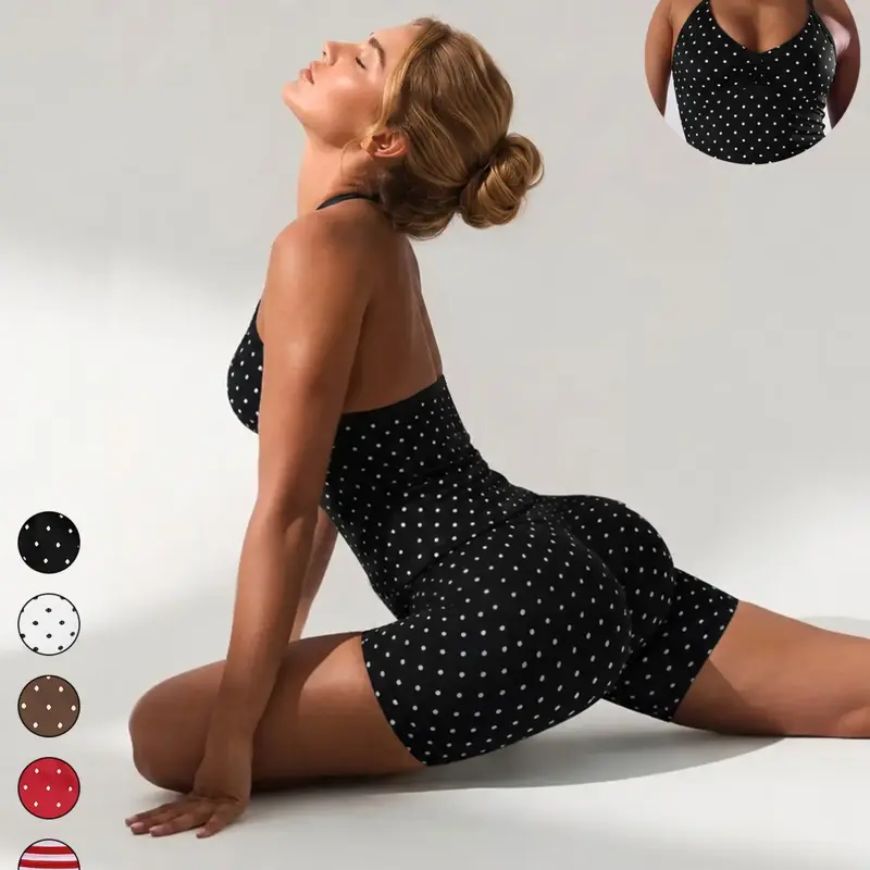 【Black Friday】Fashion Sporty Fitness Set, New Polka Dot Striped Halter Tank Top with Shorts, Quick Dry Summer Gym Yoga Running, Yoga Active Wear