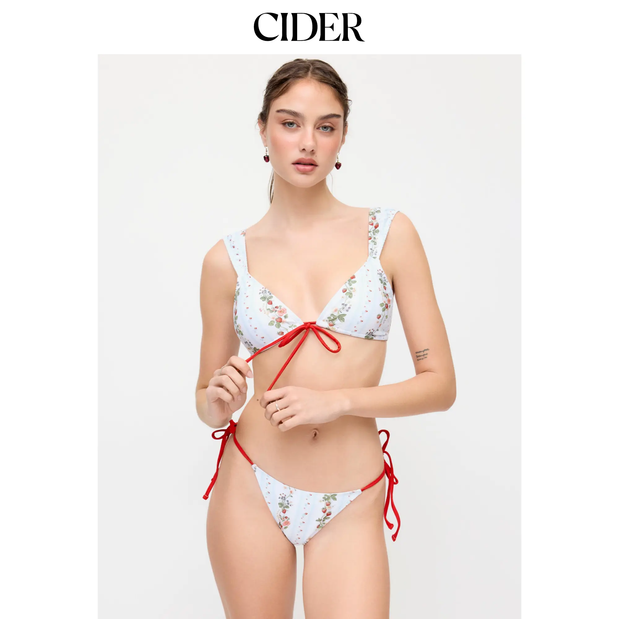 Cider Strawberry Floral V-Neck Tie Front Bracelet Bikini Set With Scrunchie