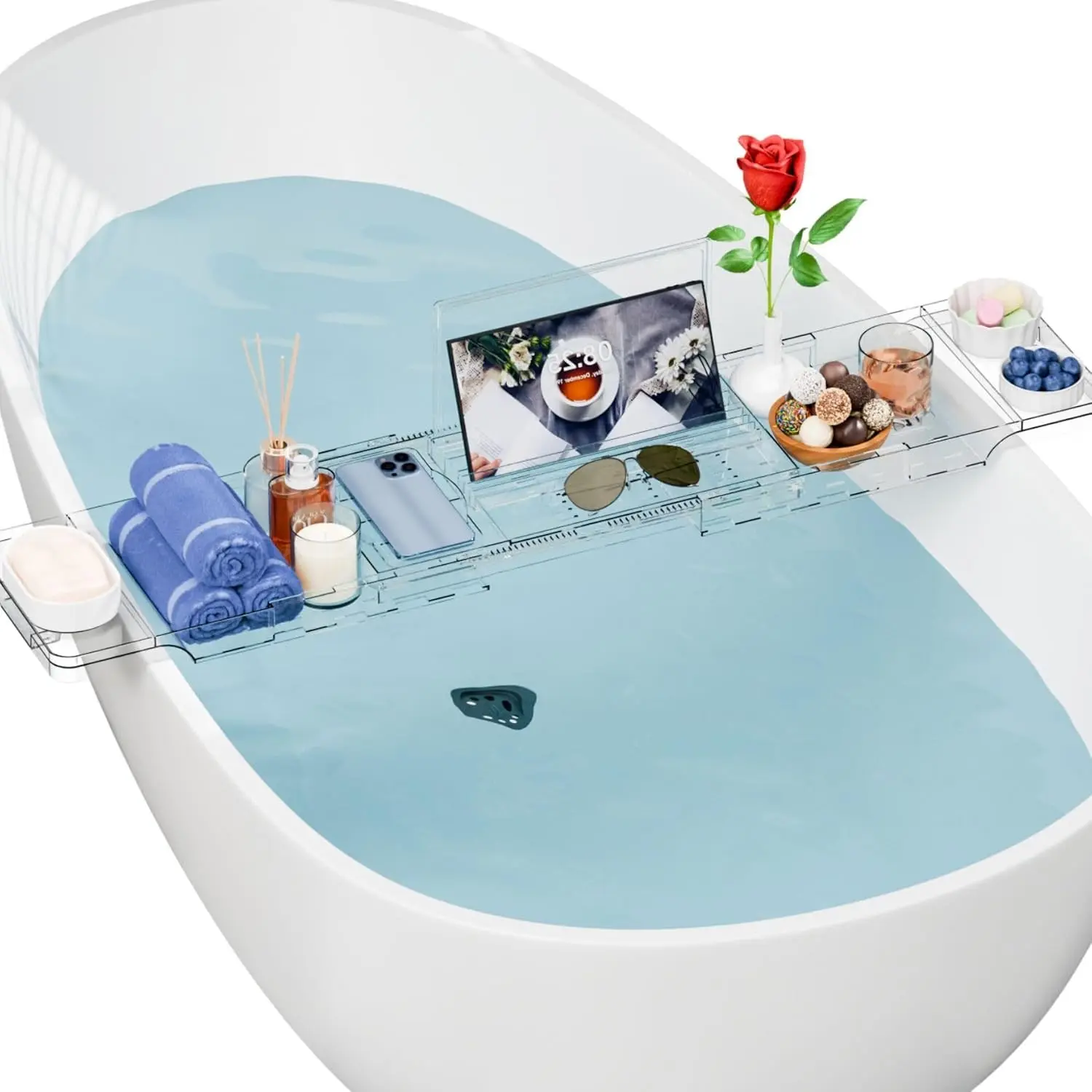 Luxury Clear Acrylic Expandable Bathtub Tray Caddy with Book Holder, Over Tub Bath Shelf Table, Relaxing Spa Bath Accessories Gift for Women