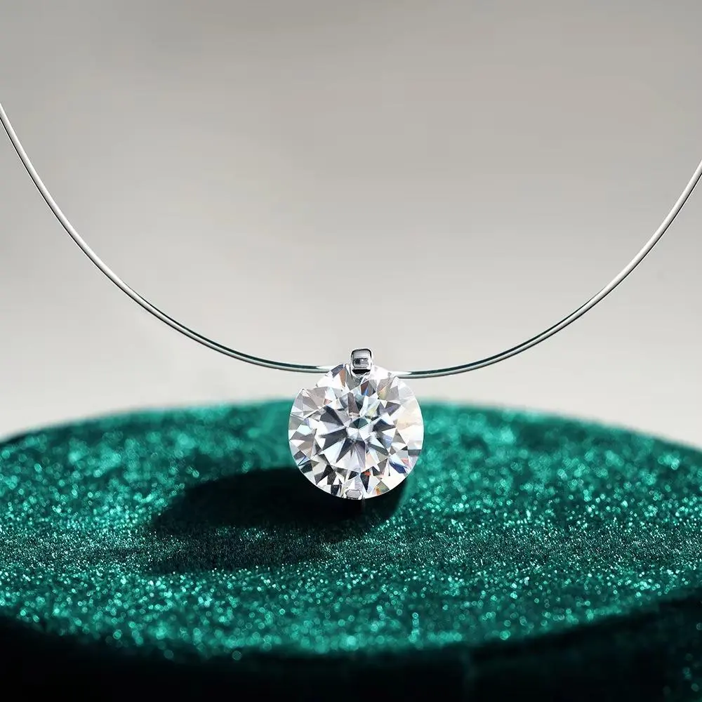 New 1CT Moissanite Necklace for Women, D Color VVS1 Round Cut, 925 Sterling Silver Solitaire Pendant, Invisible Chain, Gift Box