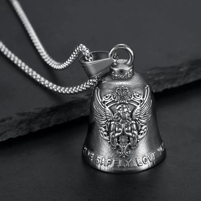 Guardian Angel Biker Bell Pendant Necklace, Antique Stainless Steel Embossed Angel Ride Safely Motorcycle Bell Box Chain Jewelry | Gift Choice