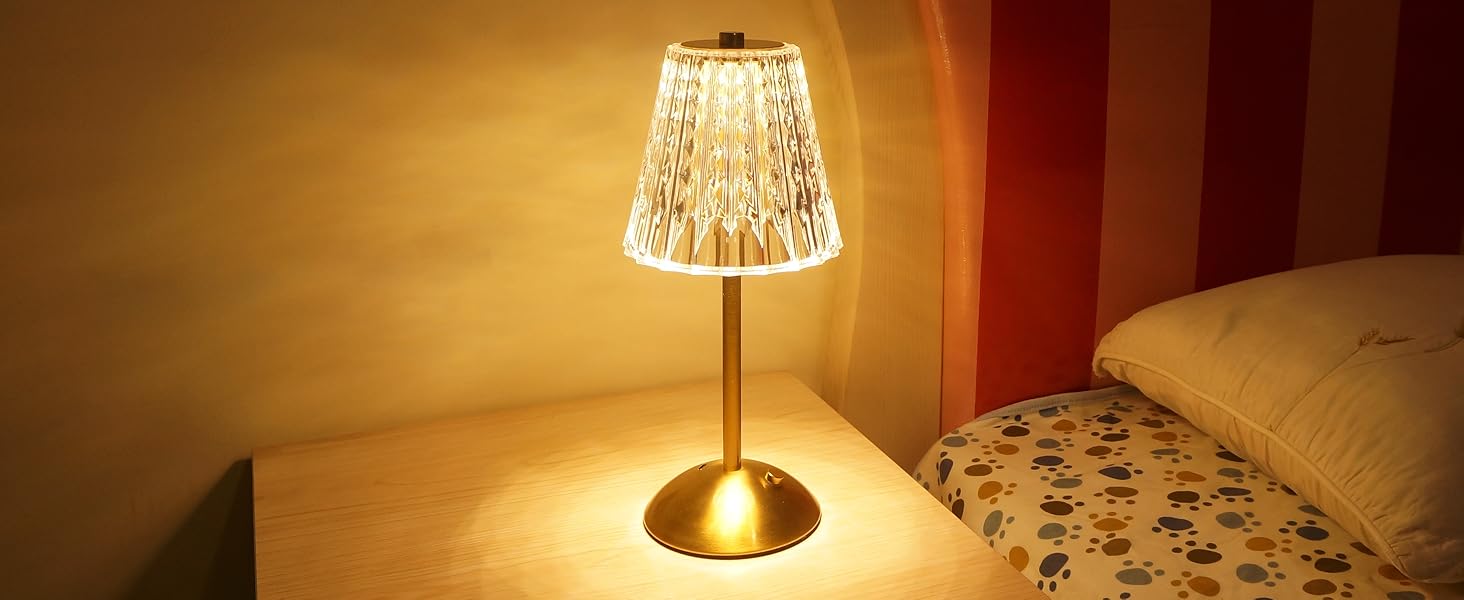 2pcs Cordless Table Lamp, Rechargeable Battery Operated Lamp, 3 Color Modes & Stepless Dimmable LED Touch Lamp, Portable Crystal Gold Metal Beside Lamps for Bedroom Living Room Restaurant Outdoor