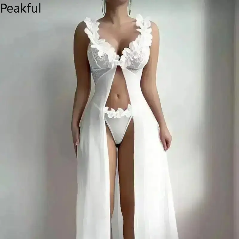 Sexy Lace Mesh Nightgown Set for Women, Floral Sheer Slip Dress with Matching Panty, Lightweight Loungewear for Bedroom, Honeymoon & Special Night In