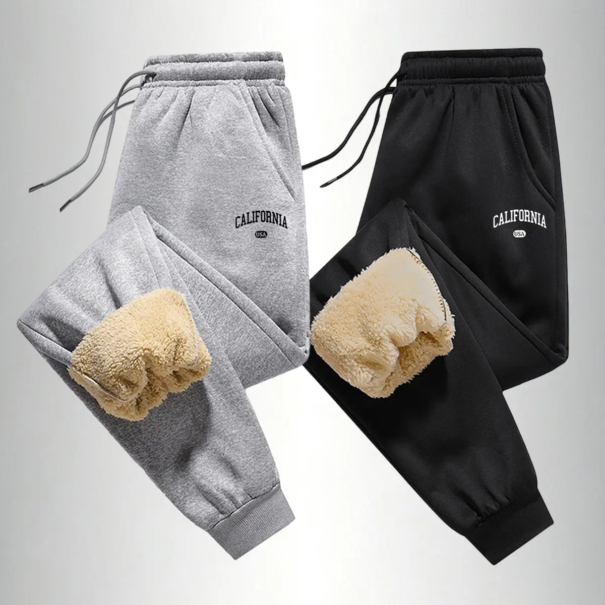 Men's Sherpa Lined Sweatpants, Thick Warm Joggers with California USA Graphic Print, Drawstring Elastic Waist Side Pockets Ribbed Cuffs Tapered Leg, Casual Streetwear Loungewear for Fall Winter Cold Weather, Soft Polyester