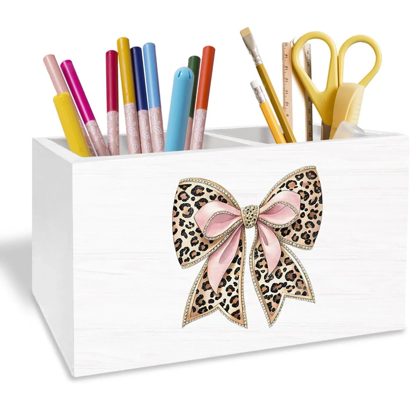 Leopard Bow Wooden Desk Pen Holder - Preppy Look Organizer, Printed Office Stationery Storage for Girls' Bedroom Desk Decoration
