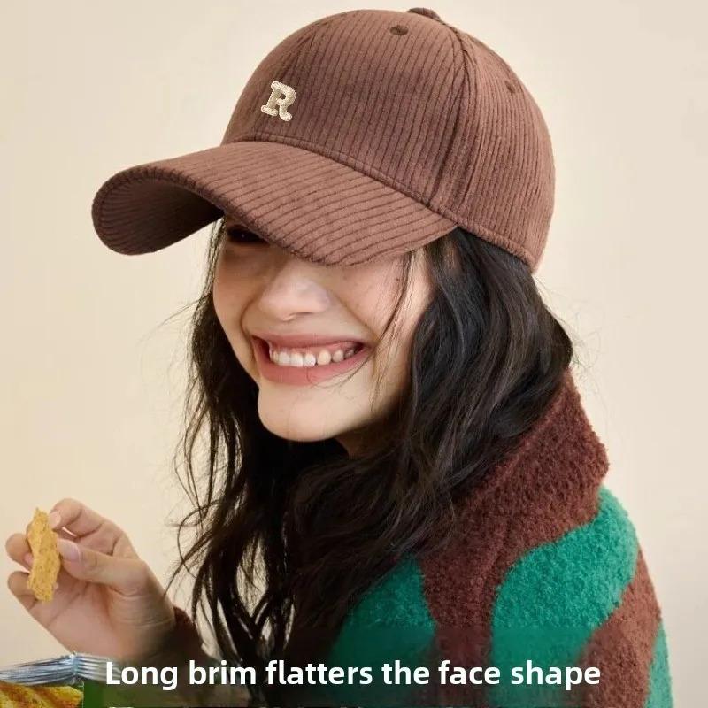 1pc Corduroy Baseball Cap with 3D Embroidered 'R' Letter Maillard Color Palette Adjustable StructuredHat Stylish Accessory Women
