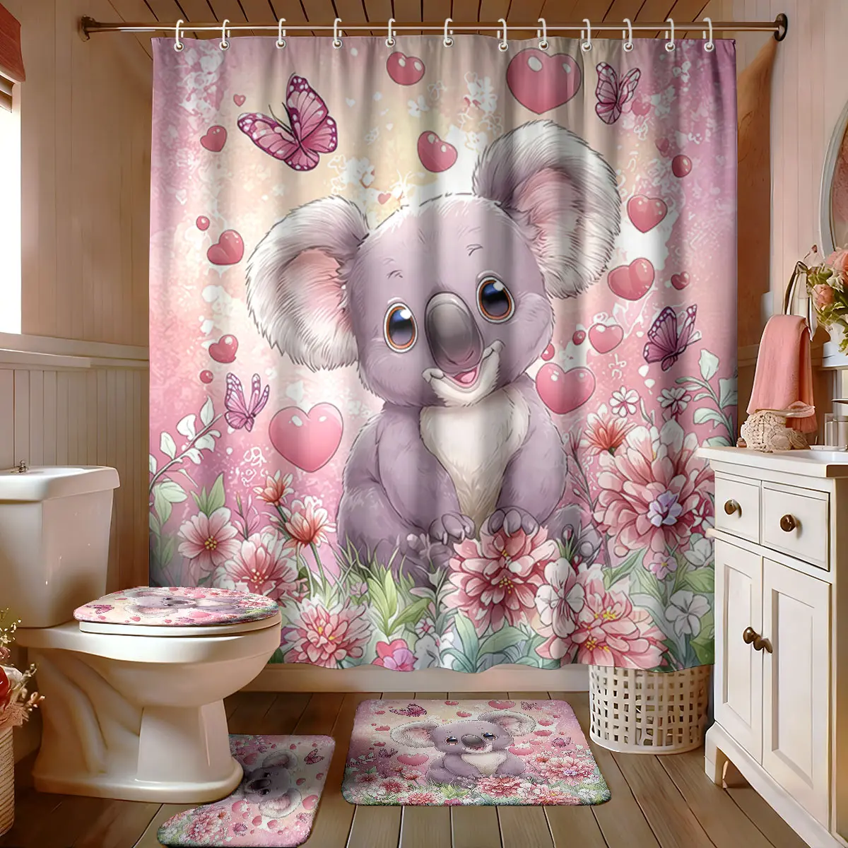 A four-piece digital-printed cartoon koala heart flower bathroom set, including a shower curtain, a bathroom floor mat, a U-shaped cushion, and a toilet seat cover, suitable for bathroom decoration