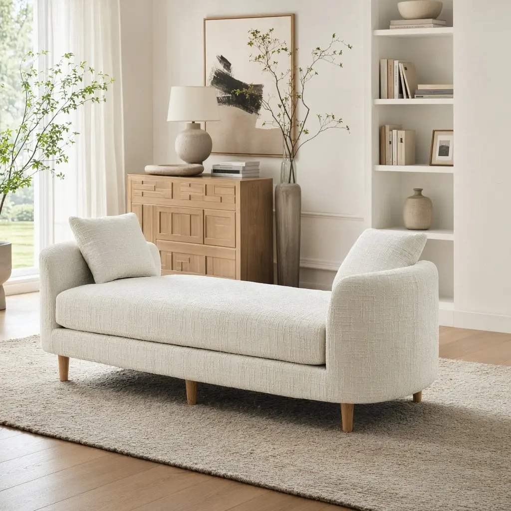ARCH 77.17-in Wide Sturdy Chenille Upholstered End-of-Bed Bench with Armrests, 2 Bolster Pillows, Rubberwood Legs, 450 lbs Capacity - Assembly Required, Multi-Functional Chaise Lounge Daybed for Bedroom, Living Room