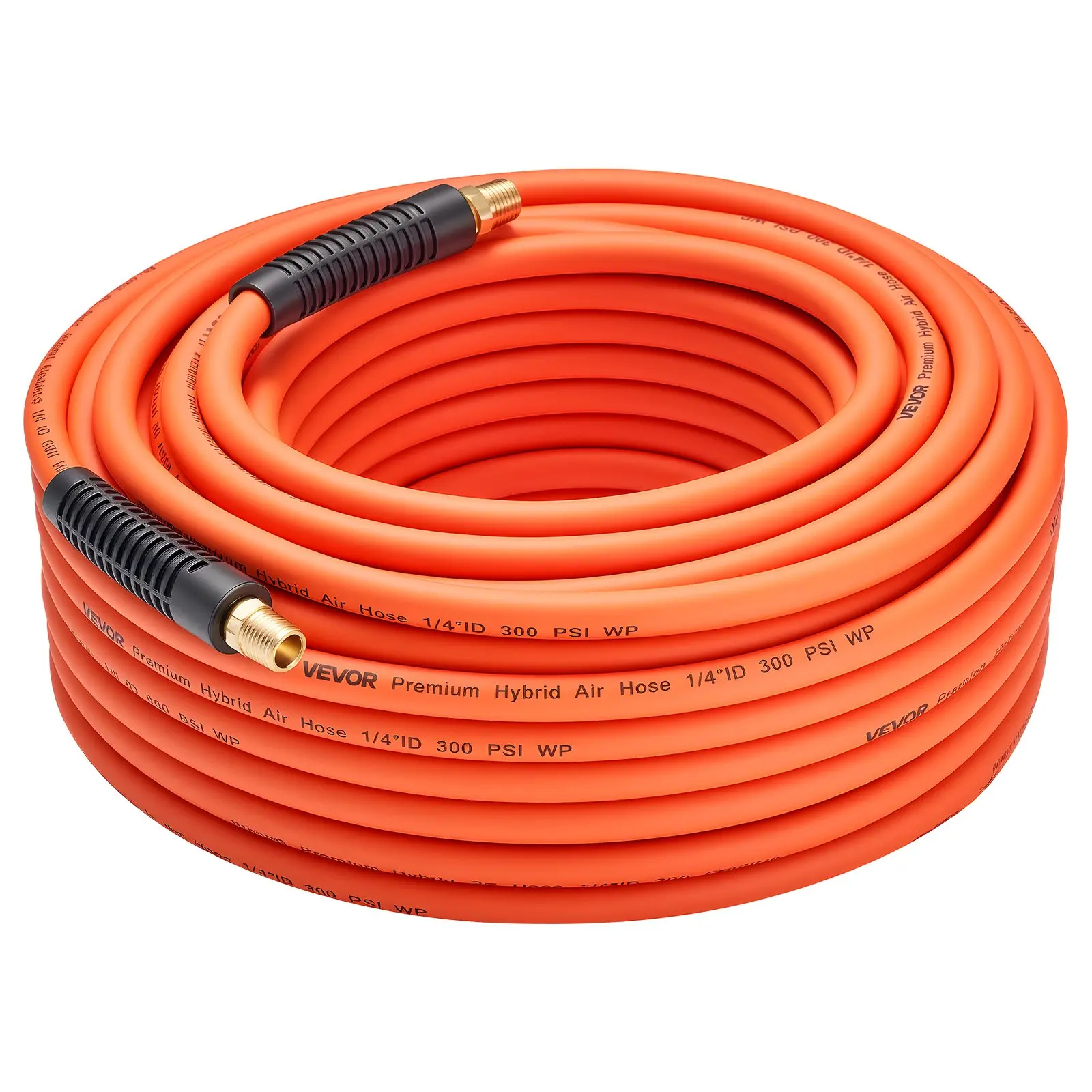 VEVOR Air Hose, 1/4"x 100FT Hybrid Air Compressor Hose, 300 PSI Kink-Resistant Pneumatic Hoses with 1/4-inch Solid MNPT Bras Fittings, Three-Layer Construction, All-Weather Flexibility