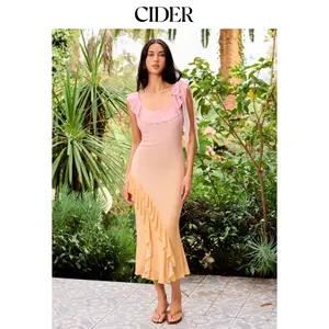 Cider Mesh Scoop Neck Ruffled Asymmetrical Hem Mermaid Maxi Dress