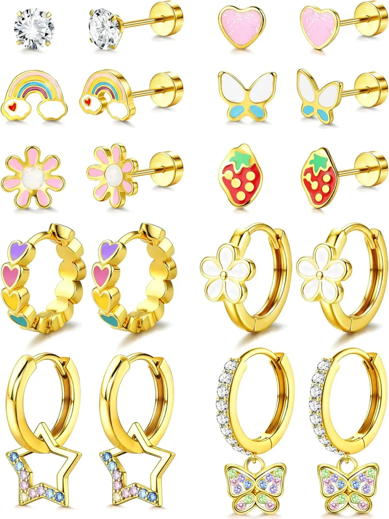 Hypoallergenic Flat Back Earrings for Girls Women - Surgical Stainless Steel Toddler Kids Baby Earrings for Sensitive Ears Cute Screw Back Girls Earring 14K Gold Plated Flatback Stud Earring Hoops