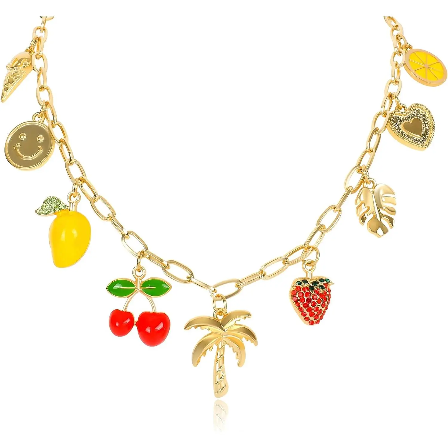 Charm Necklace for Women Hawaii Style Chain Necklace with Cute Dangle Coconut Tree Cherry  Mango Strawberry Heart Fruit Pendant Adjustable Trendy Y2K Summer Beach   for Women