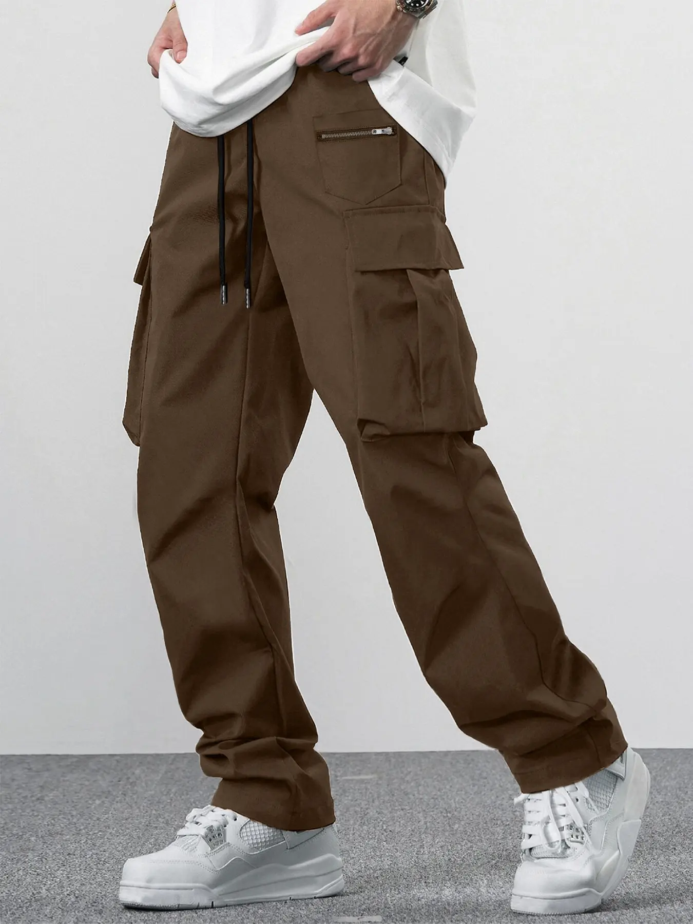 Men's Solid Pocket Drawstring Waist Cargo Pants, Regular Fit Street Zipper Design Straight Leg Trousers for Spring & Fall, Fashion Men's Bottoms for Daily Wear