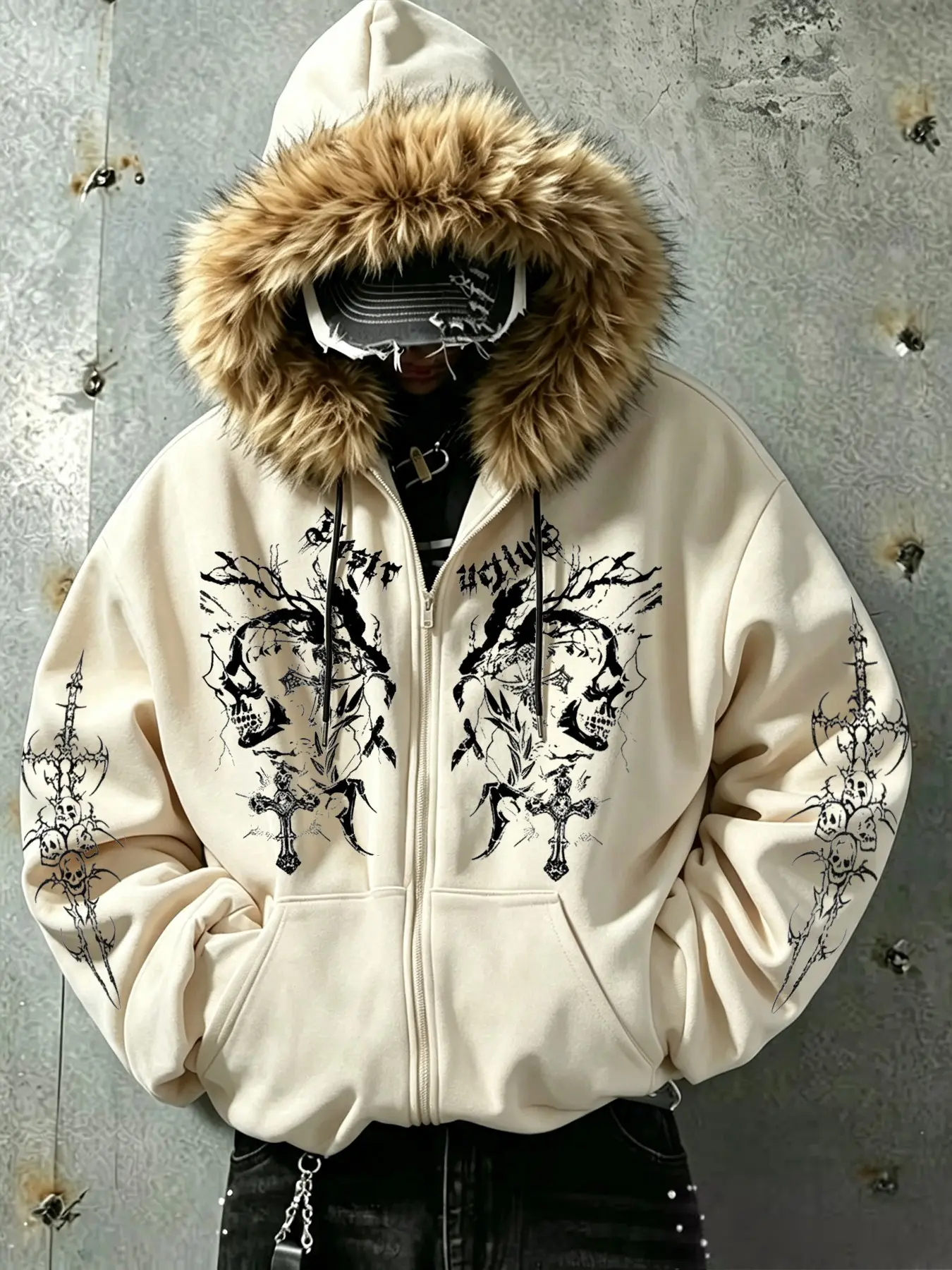 Gothic Skull Cross Faux Fur Lined Zipper Open Front Jacket, American Dark Heavy Metal Faux Fur Hooded Sweatshirt, Loose Fit Unisex Streetwear, Hooded Casual Jacket