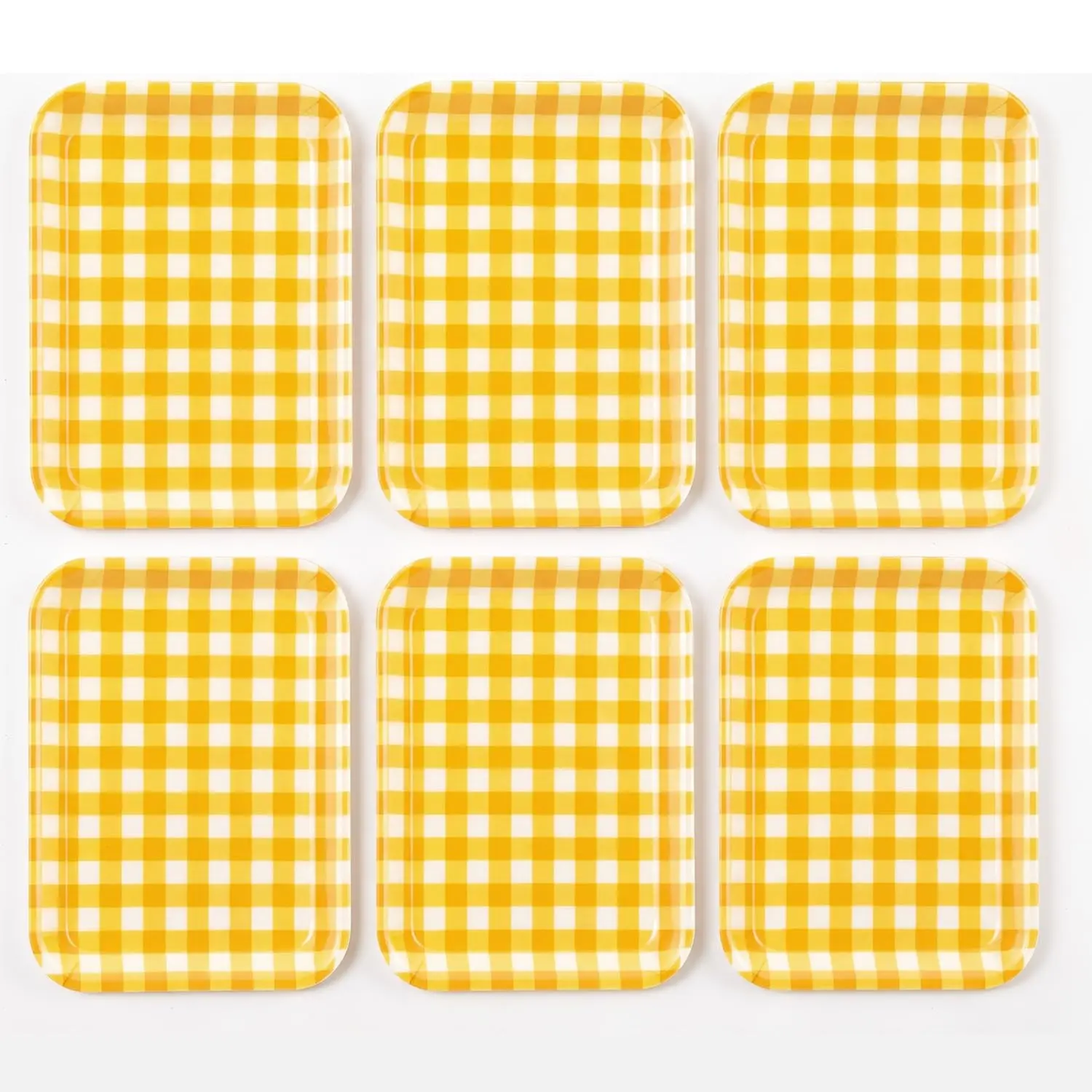 GAOMON 6 Pcs Melamine Serving Tray, Plastic Serving Trays, Yellow Gingham Rectangular Reusable Food Trays, Dishwasher‑Safe Serving Platters for Picnic, Party, Kitchen Countertop