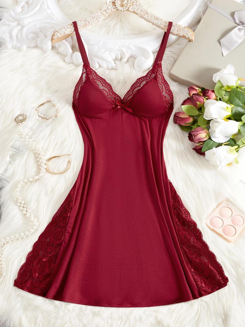 Women's Solid Color Lace Trim Nightdress, Elegant Comfy Soft Sleepwear Loungewear Cami Nightgown for All Seasons, Fashion Ladies' Sleepwear for Daily Wear, Womenswear