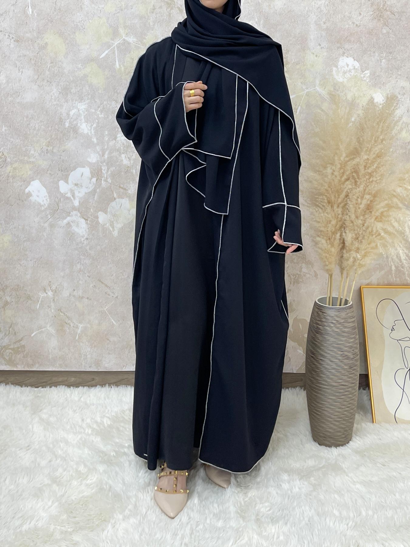 Arabic Clothing-Solid Contrast Binding Belted Abaya With Hijab Without Inner Dress, Modest Batwing Sleeve Open Front Abaya, Summer Outfits 2024, Women's Islamic Clothing for Spring & Fall, Dressy Abayas