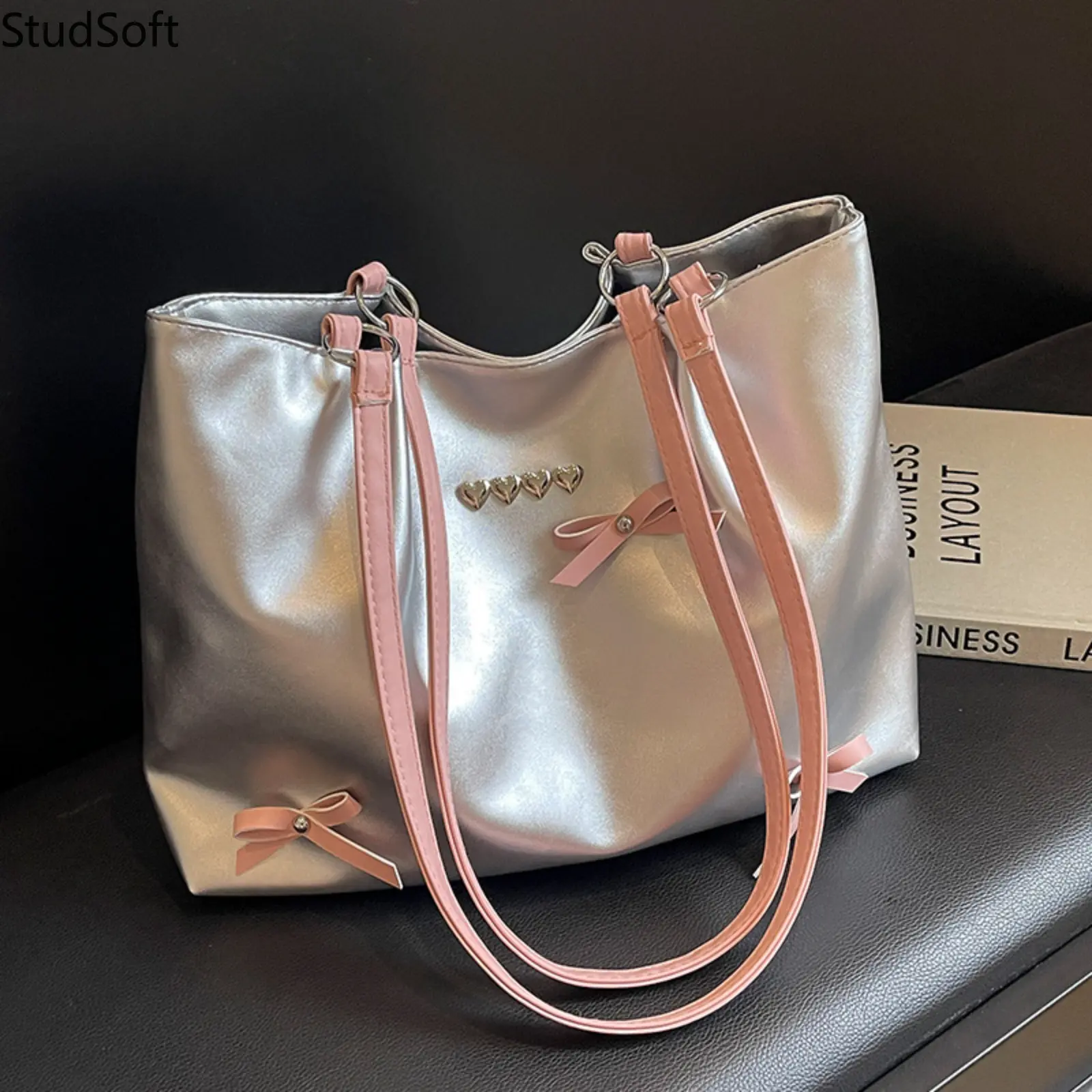 Y2K Metallic Silver Tote Bag Back to School Season Gift Cute Pink Ribbon Bow Shoulder Purse High Capacity Leather Bookbag for Teen Girls Women,back to school,back to school haul