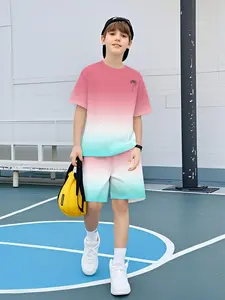 Boys' Casual Short Sleeve T-Shirt and Shorts Set, Gradient Print, Summer Sports Daily Wear, Cartoon Pattern, Fitted Style