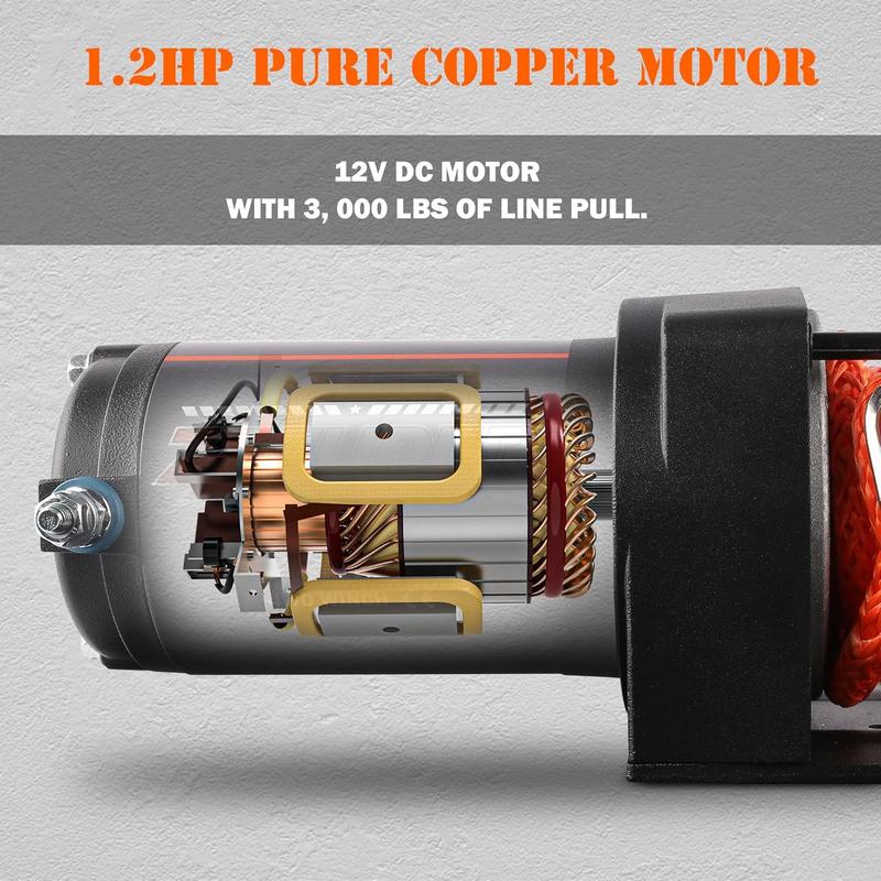 3000 lb Electric Winch for ATV UTV Trailer Boat Synthetic Rope Winch 12V DC Off Road Towing Winches with  Remote Mounting Bracket