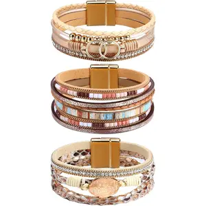 3Pcs Leather Wrap Bracelets for Women, Boho Wrap Bracelet, Leather Cuff Bangle, Beaded Stackable Bracelet, Bohemian Fashion Jewelry