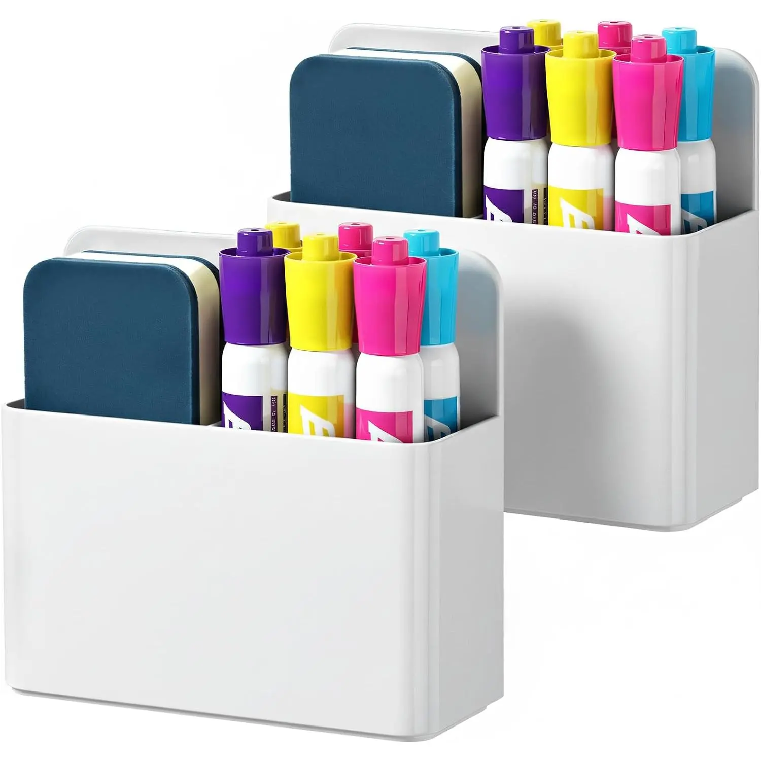 2-Pack  Whiteboard Marker Holder (White) | Plastic Storage For Pens, Pencils & Dry Erase Markers,  , Fits Fridge, Locker, Classroom, Office &