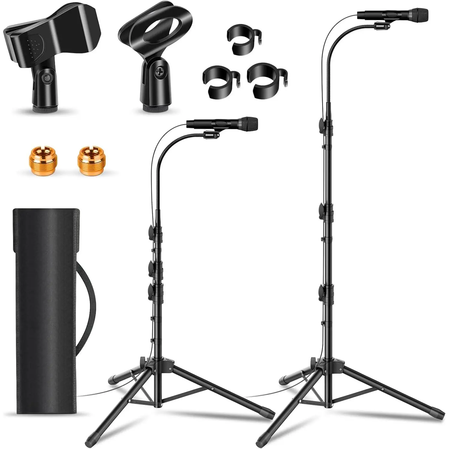 2-Pack Flexible Gooseneck Mic Boom Stands with Connecting Rods, Adjustable 24"-67" Height, Detachable Design, 2 Mic Clips, Easy to Set Up for Singers, Conference Rooms, Live Broadcasts