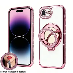 Rhinestone Magnetic Makeup Mirror Kickstand for iPhone 16E 17E Glitter Diamond Edge Camera Protector Transparent Shockproof Cover