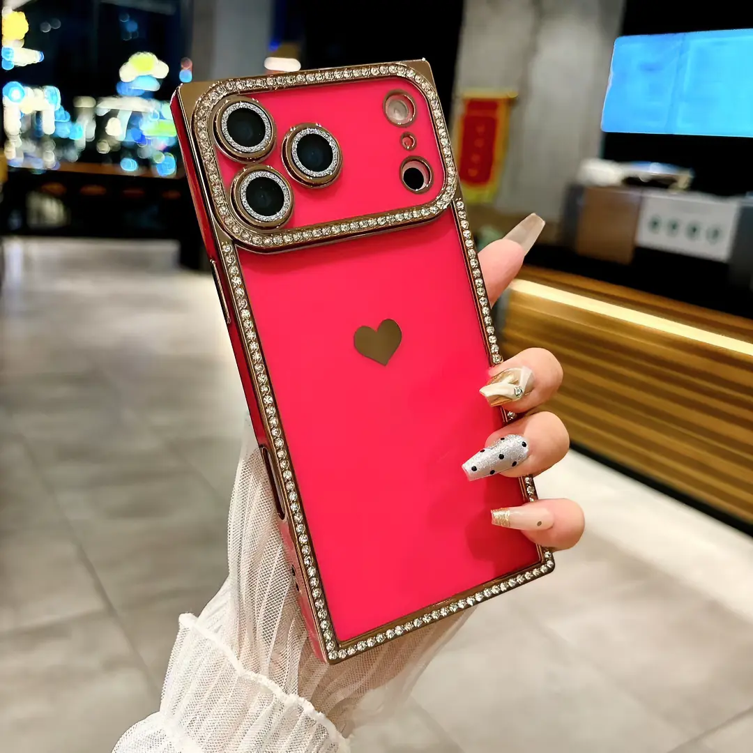 Suitable for iPhone 18 PRO MAX phone case, 17/16/15/14 PRO phone case, 13 square-shaped luxury rhinestone-plated heart design, personalized and unique for women, drop-resistant, double-layer protection