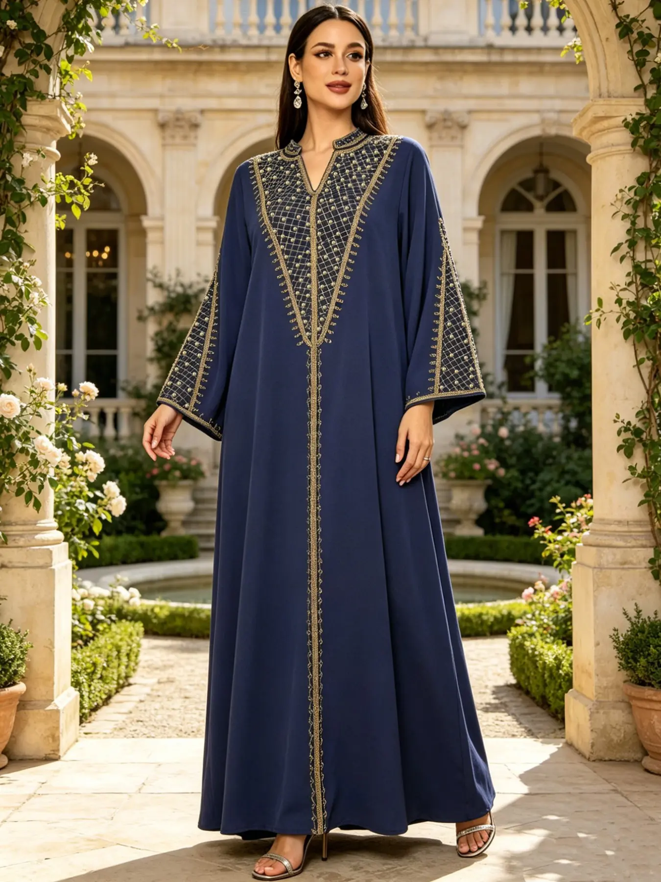 Dubai Luxury Beaded Islamic Abaya Robe, Loose Fit V Neck Long Sleeve Muslim Dress, Ethnic Pattern Kaftan for Middle East Evening Gown