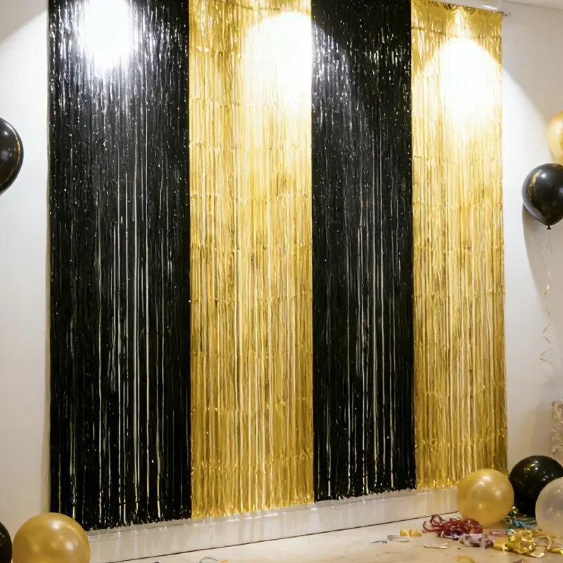 4 Pack Black Gold Metallic Foil Fringe Curtains, Shiny Tinsel Streamer Backdrop for Doorway, Stage, Birthday, Wedding, Graduation, Anniversary, Holiday and Party Decorations