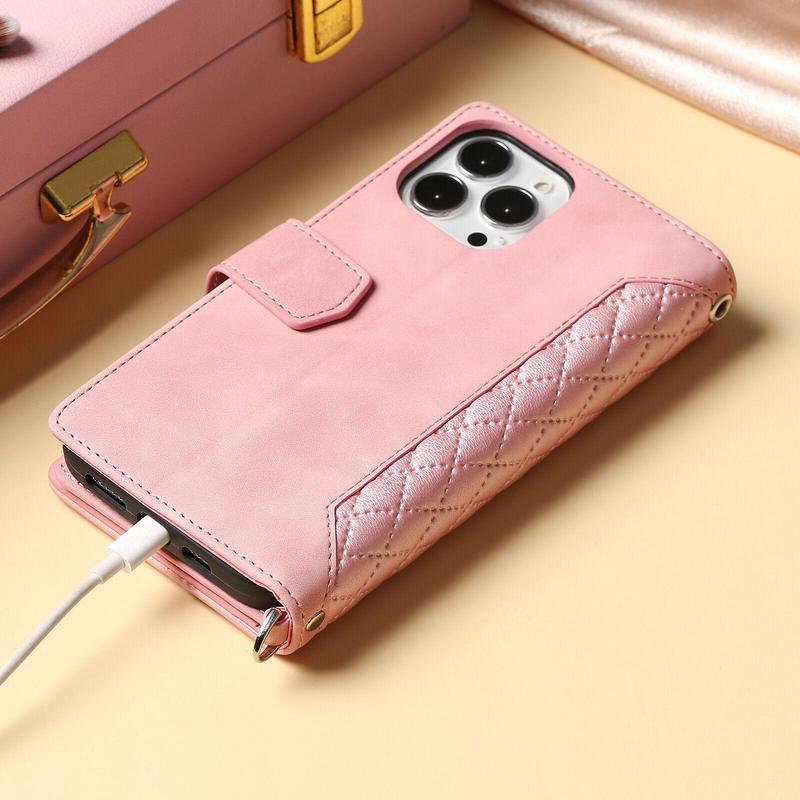 Crossbody Wallet Case For iPhone 17 16 Pro Max 15 14 Plus 13 12 Leather Phone Case with Card Holder Kickstand & Wrist Strap Cover Magnetic Closure Flip Handbag Zipper Purse Shell for Women