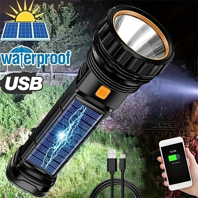Portable Outdoor Solar Flash Light, USB Rechargeable Handheld Bright Flashlight for Men, Outdoor Flashlights, Multifunctional Emergency LED Torch Light For Camping