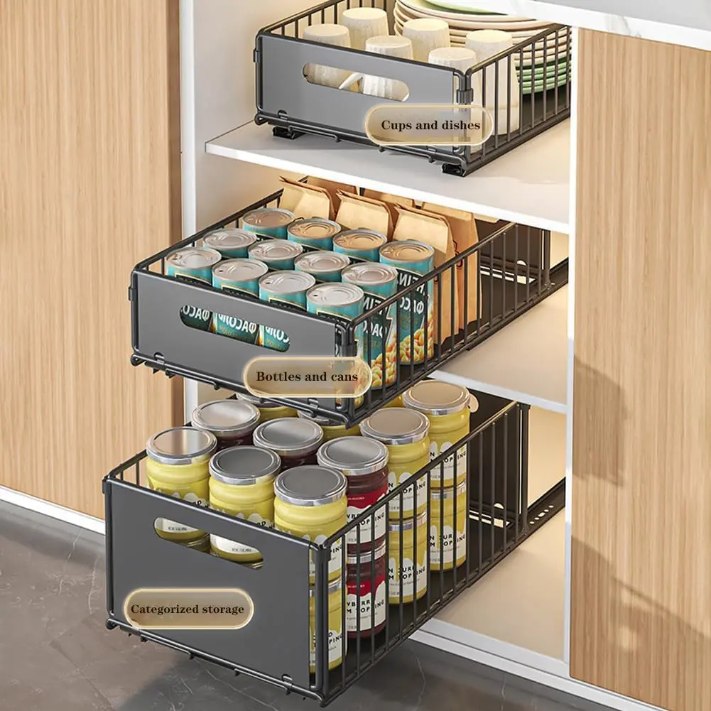Space-Saving Pull Out Cabinet Organizer – Heavy Duty Carbon Steel Sliding Drawer Shelf – No Drill, Easy Install – Ideal for Kitchen Cupboards, Pantry, Under Basin Storage – Black, 24.5x37.5x10cm