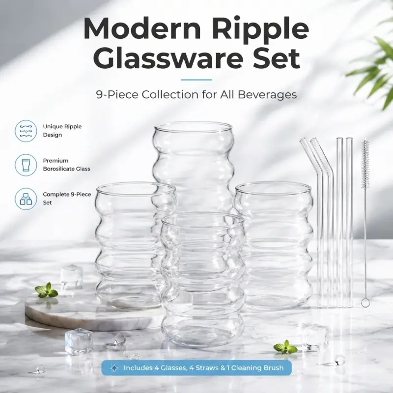 9-Piece Modern Ripple Glassware Set with Straws & Cleaning Brush | Borosilicate Transparent Wave Drinking Cups for Water, Coffee, Juice & Cocktails Glass Tumbler Set