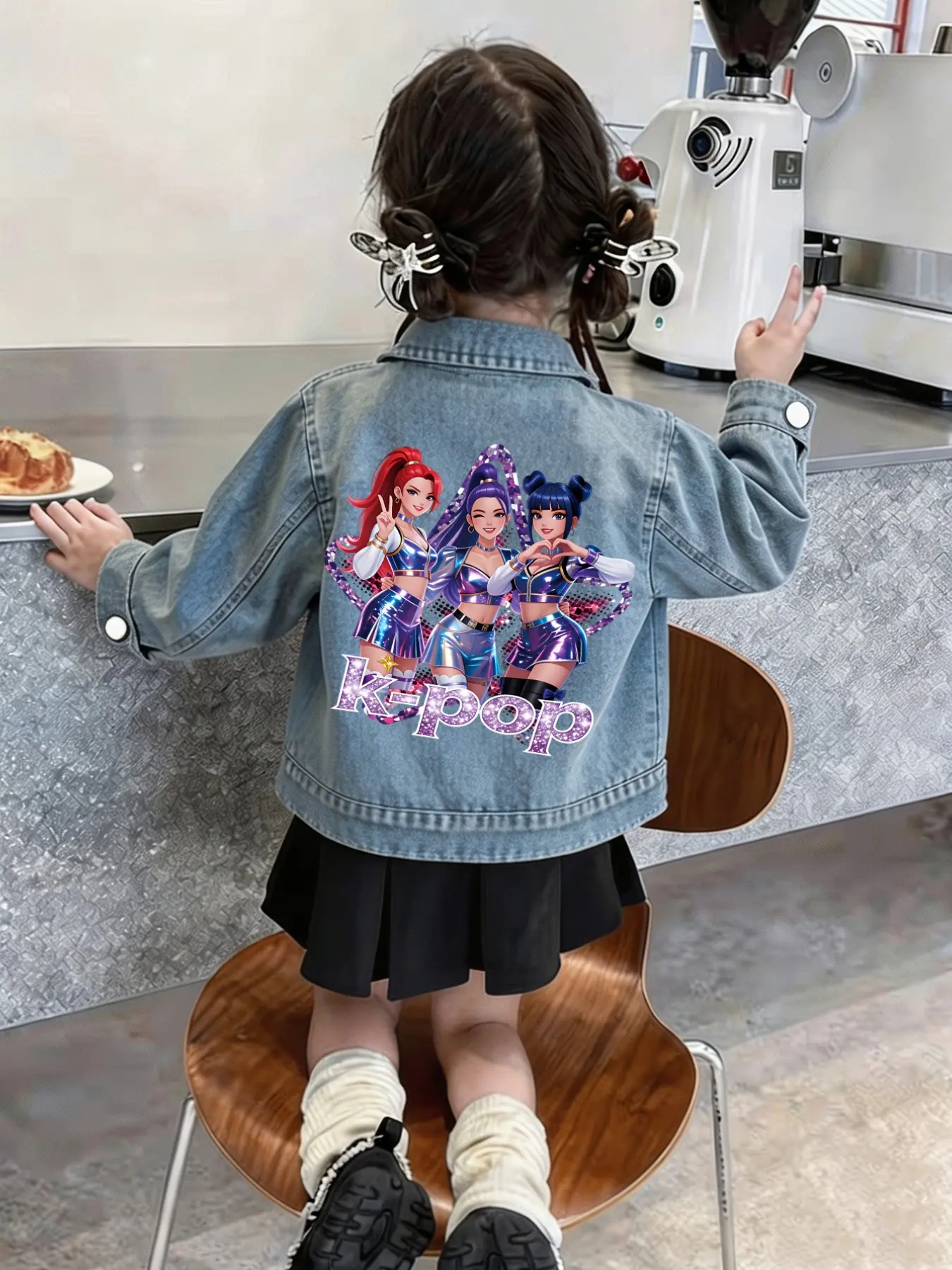 Girls' Lightweight Washed Denim Jacket, K-Pop Cartoon Prints, Casual Fitted Design, Breathable Fabric, Spring & Fall Wear, Casual Cute Outerwear