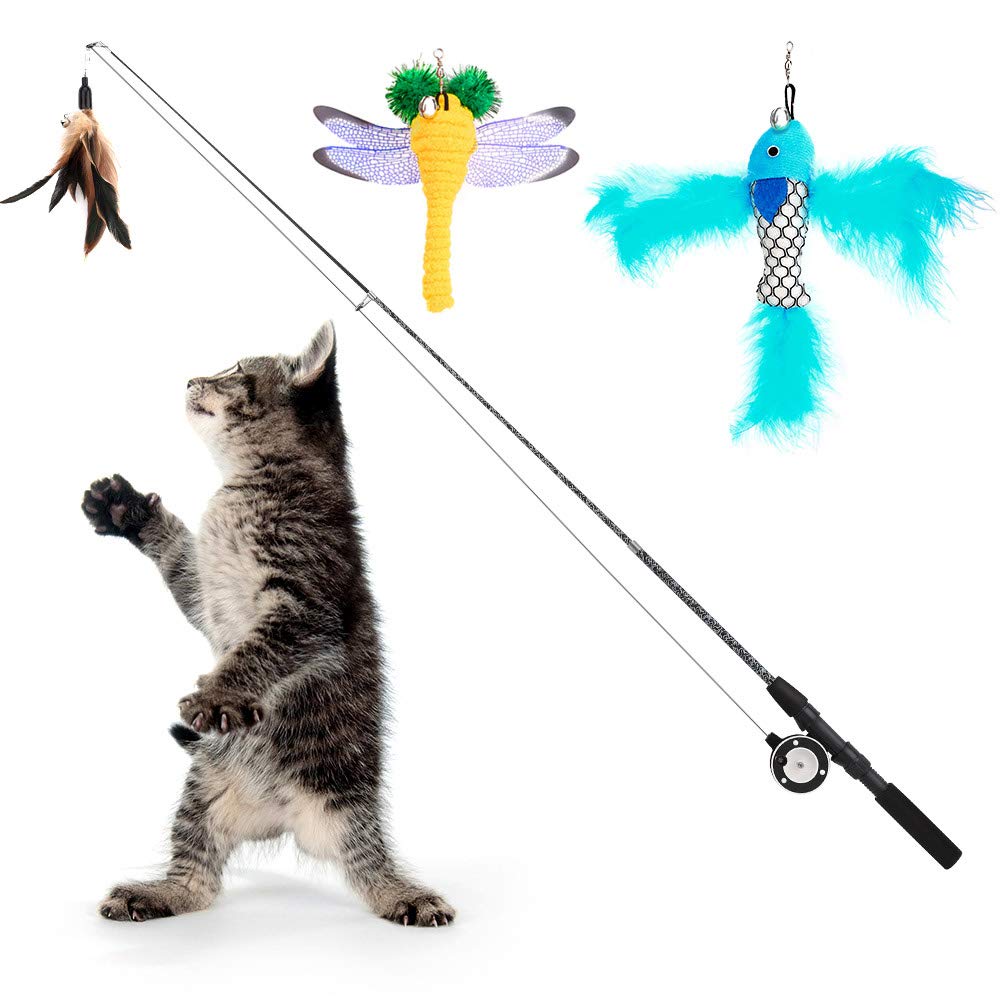 Cat Feather Toys, 4 Pack Interactive Cat feather Teaser Wand Toys, Retractable Fishing Pole Wand Catcher Exerciser with Refill Fish, Dragonfly Worm with Bells, Fun Cat Kitten Kitty Playing Toy