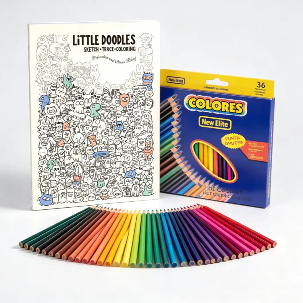 Little Doodles Stress Relief Coloring Sketch Book with 36pcs Thick Core Colored Pencils Set, Trace & Draw Pen Control Practice Kit