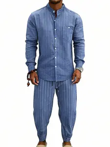 Men's Striped Linen Buttoned Long-Sleeved Pants Set with Single-Button Pockets and Loose-Fitting Bottoms - Soft and Breathable, Comfortable and Loose-Fitting, Versatile for Daily Commuting, Vacation and Home Use