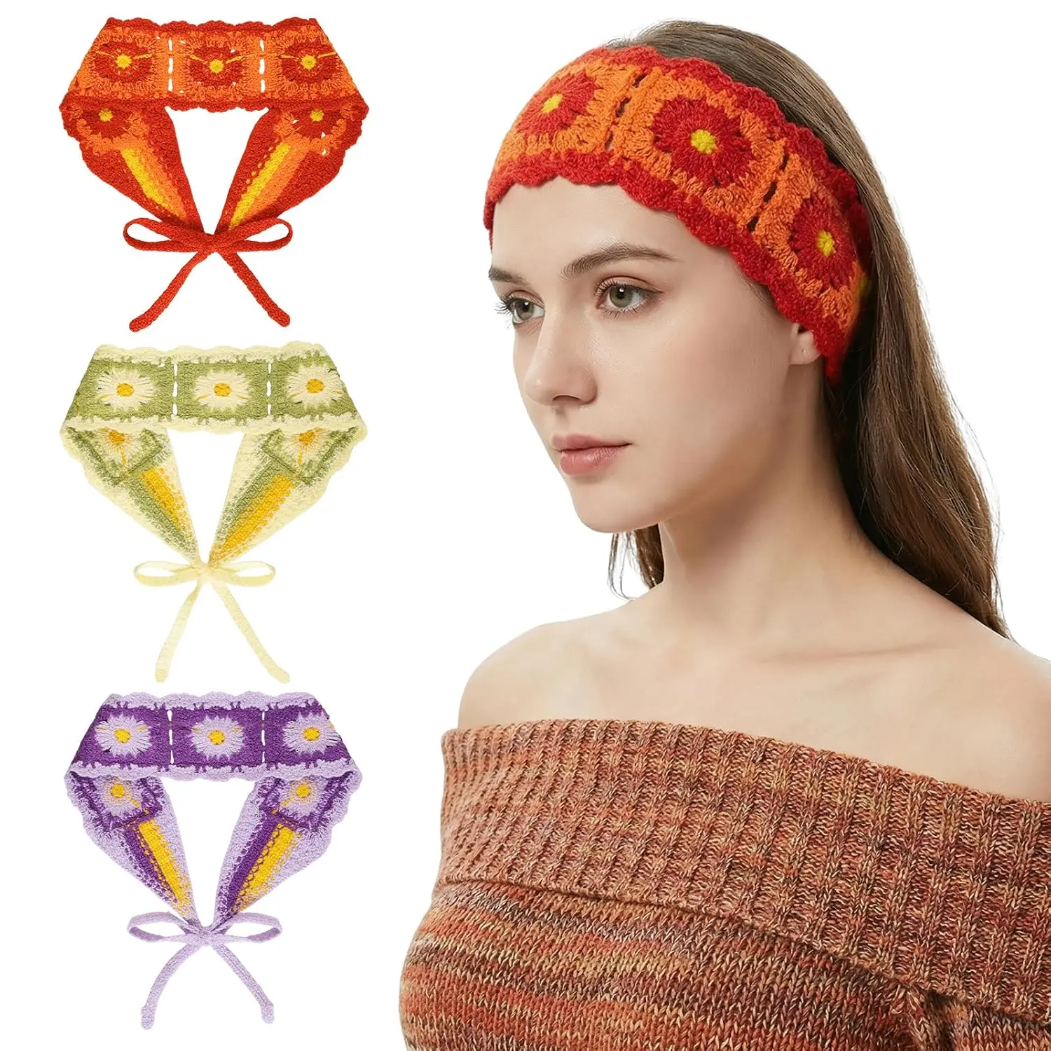 3 count Boho Crochet Headband Hippie Hair Bandanas Knitted Headwear Soft Stretch Hair Accessories for Women