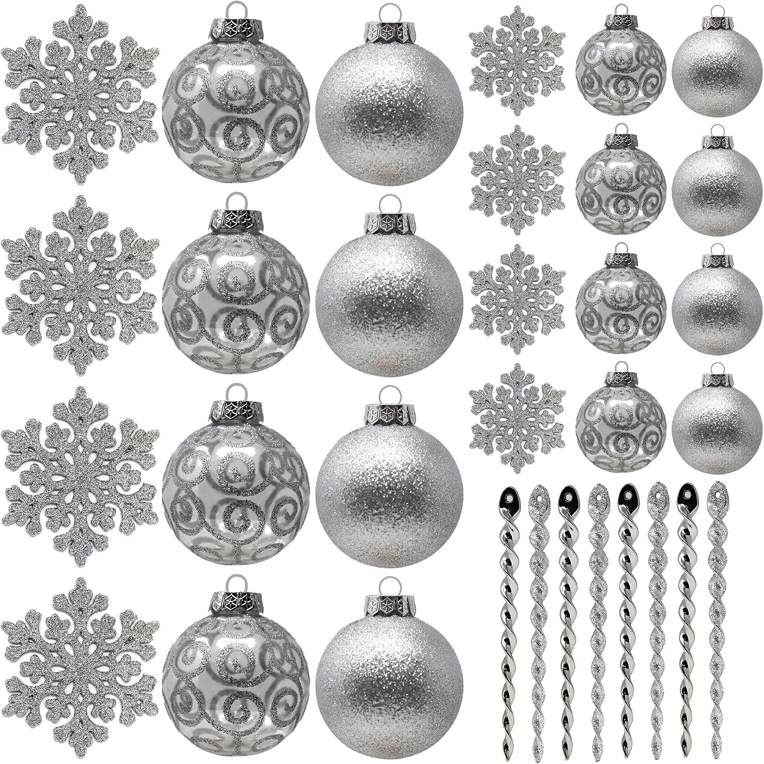 Shiny Light Plastic Christmas Ball Ornaments Set - Shatterproof Tree Decor with Swirl Design, Bulbs, Icicles, Snowflakes, 2.36/3.15in Sizes, 32-Piece Festive Decoration Kit