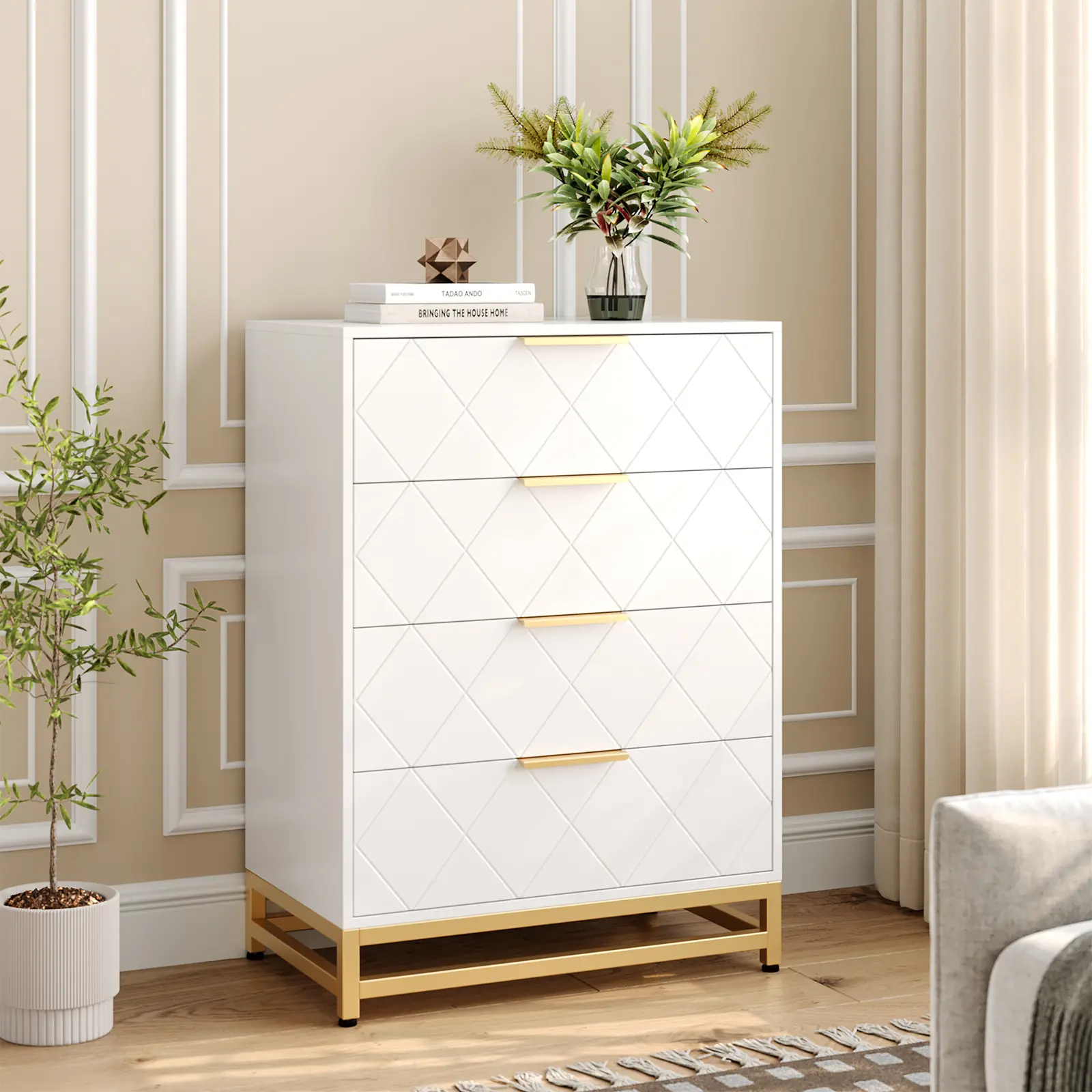 4 Drawer Tall Nightstand, Bedside Storage Cabinet, Black | Vertical space-saving profile, Textured drawer front, Bedroom entryway use