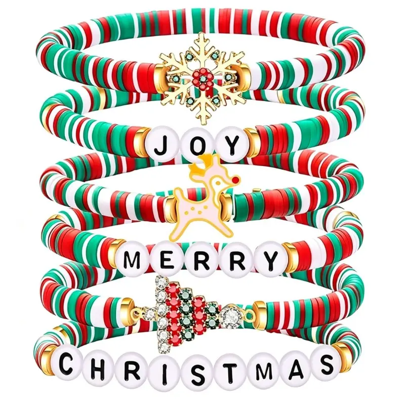 Christmas Bracelets 6Pcs for Women Men Teens | Joy Merry Christmas Charms, Beaded Stretch, Festive Gifts, Outfit Accessories