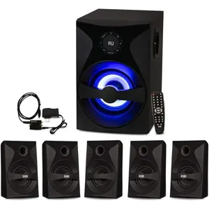 5.1 Surround Sound  Theater Speaker System with LED Display, FM Tuner, USB/SD Inputs - 6- Set with Remote Control, Black