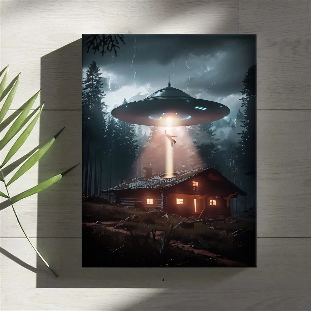1 Count wooden frame canvas, forest wooden house UFO alien science fiction theme poster, fashion wall art, modern family poster, suitable for corridor, office, living room and bedroom decoration, HD, tasteless, waterproof