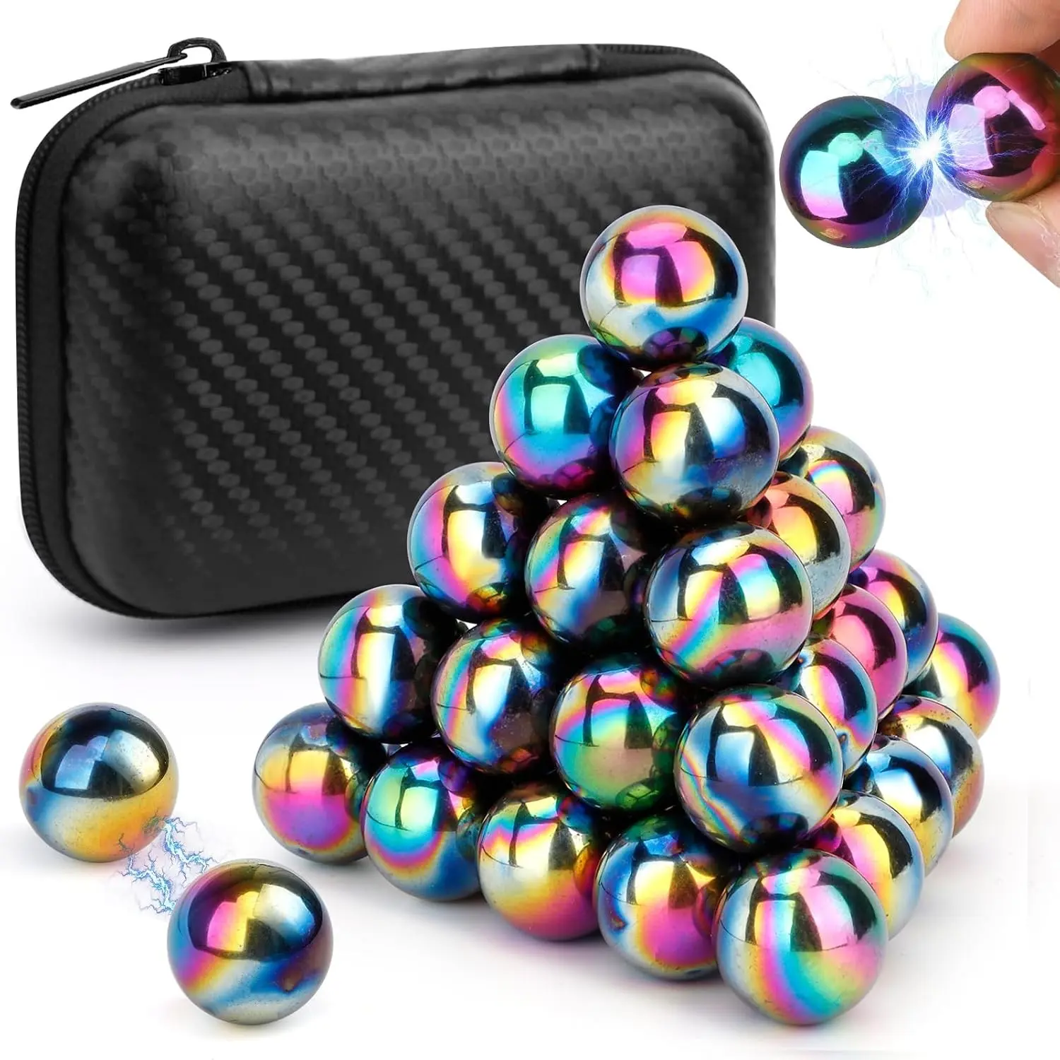 28PCS Rainbow Hematite Magnetic Ball Fidget Toy for Adults, Men Women Magnetic Hand Roller Office Desk Toys for Gifts, Science Kit Rare Earth Magnets with Fiber Case