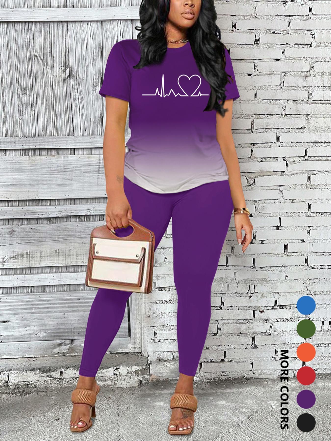 Women's Ombre Gradient Letter Print Short Sleeve Tee & Leggings Set, Casual Round Neck Fitted T-Shirt & Skinny Pants For Daily Wear, Ladies Two-Piece Outfits For All Seasons