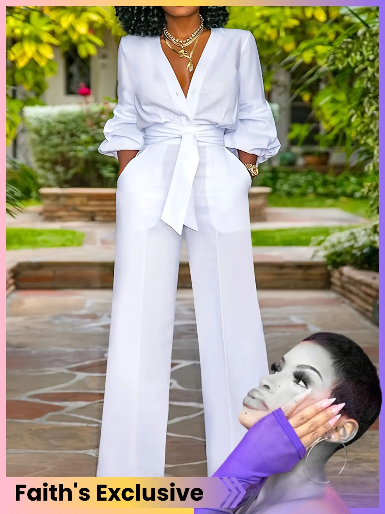 Urban Solid V-Neck Button Tie Long Sleeve High Waist Pocket Wide Leg Pants Set, Chic Comfortable Casual Long Sleeve for Women