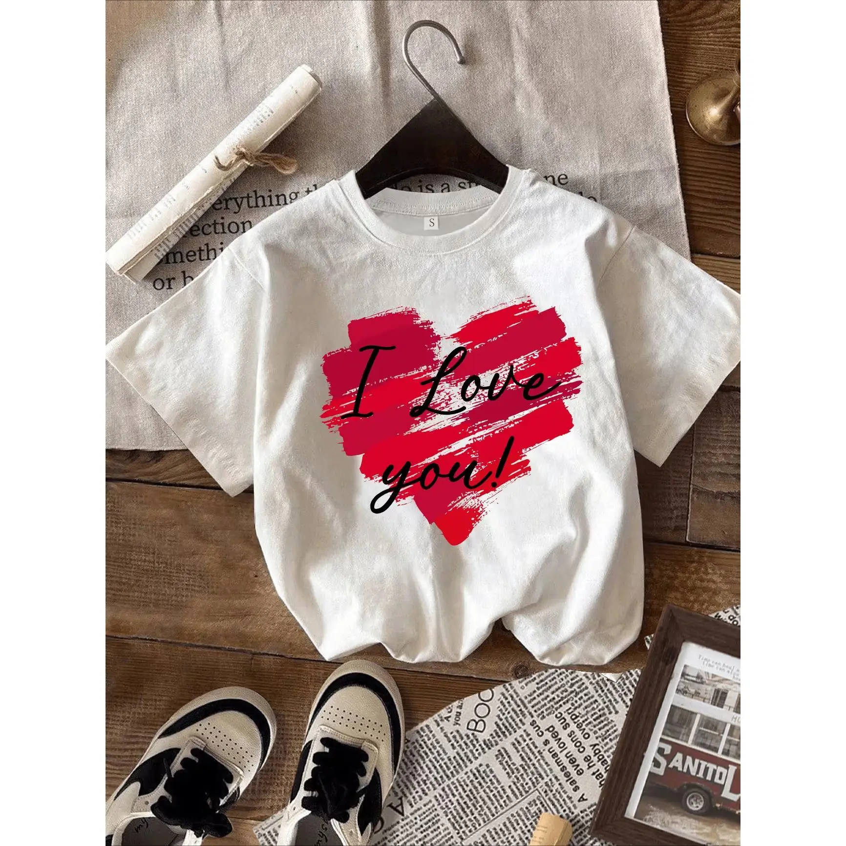 Red Brush Stroke Heart I Love You Graphic T‑Shirt, Oversized Comfort Cotton Short Sleeve Top, Cute Fashion Printed Craft Tee, Romantic Outfit, Best Valentine’s Day Gift for Lover, Perfect Present for Family Friends