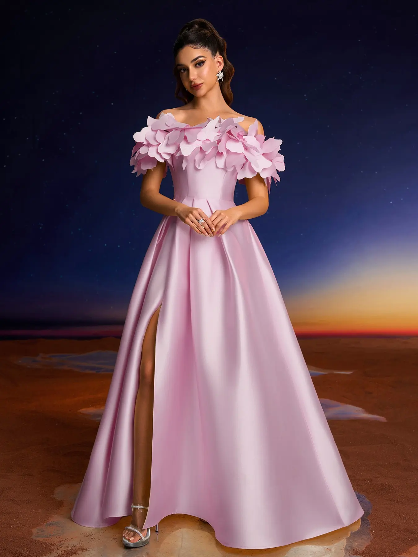 Elegant Light One-Shoulder Dress, Floral Trim Bustier, High Waist Ruched Split, Backless Tie Fishbone Belt, Long Formal Evening Gown, Elegance, Evening Banquet Gown